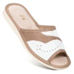 KAPCIE DAMSKIE PANTOFLE KLAPKI SKÓRZANE ODKRYTE MAXIMUS BIAŁO-BRĄZOWE
