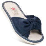 KAPCIE SKÓRZANE DAMSKIE PANTOFLE DOMOWE KLAPKI Z KOKARDĄ GRANATOWE